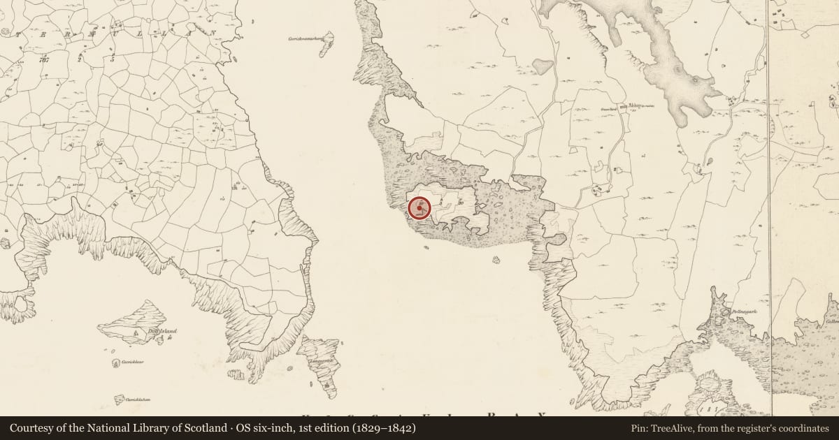 Ordnance Survey six-inch map, 1st edition (1829–1842) covering the location of Ritual site - holy well, An Máimín, County Galway, with a pin at the register's coordinates