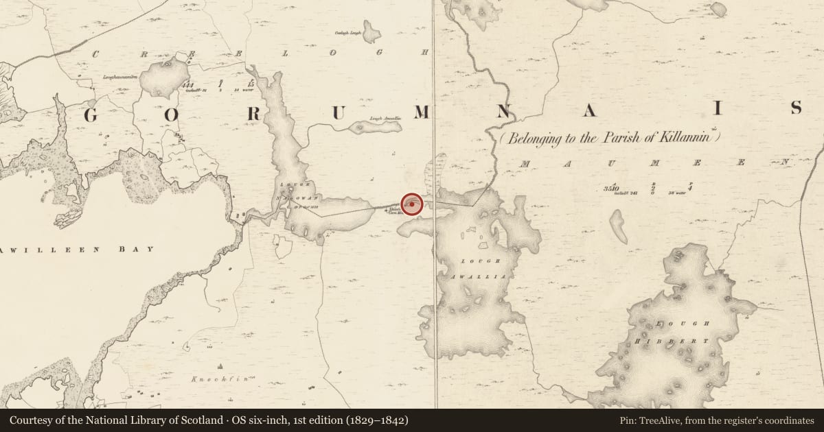 Ordnance Survey six-inch map, 1st edition (1829–1842) covering the location of Ritual site - holy well, An Máimín, County Galway, with a pin at the register's coordinates