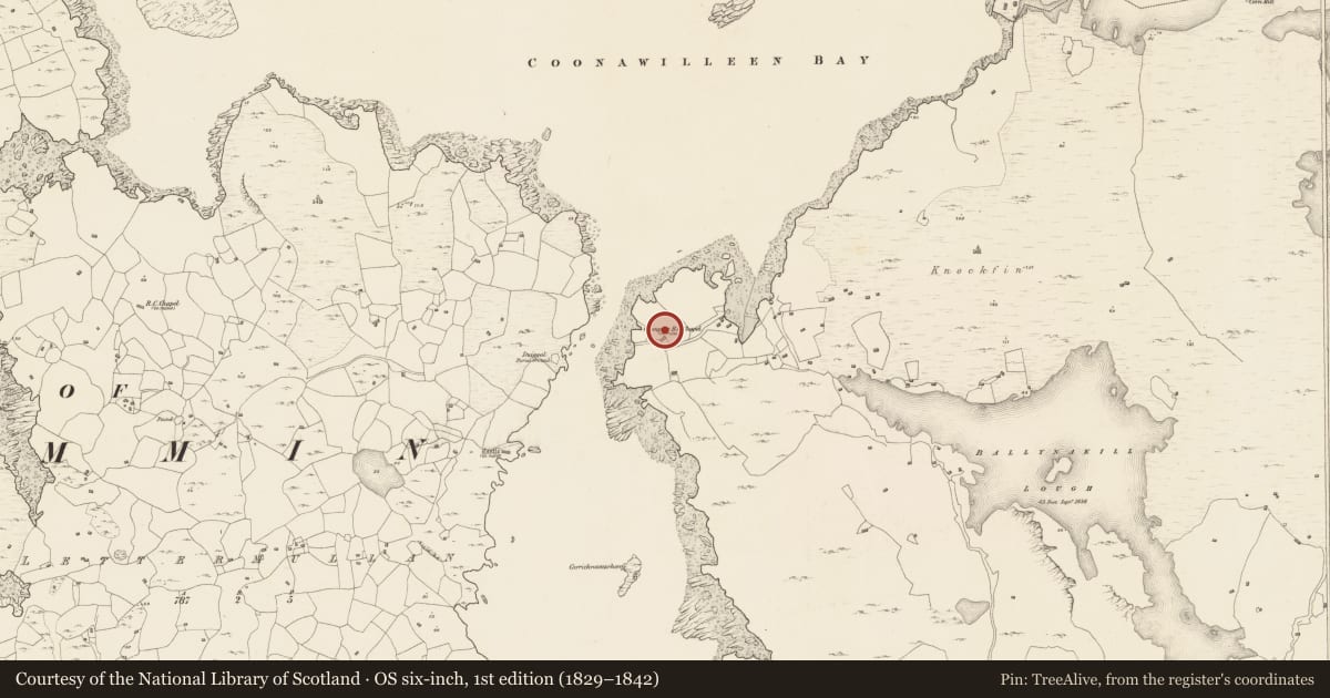 Ordnance Survey six-inch map, 1st edition (1829–1842) covering the location of Chapel, An Máimín, County Galway, with a pin at the register's coordinates
