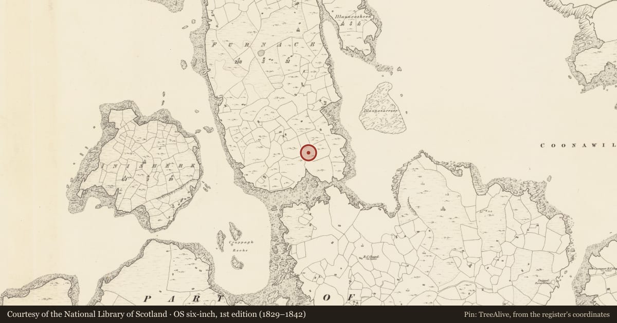 Ordnance Survey six-inch map, 1st edition (1829–1842) covering the location of Children's burial ground, Fornais, County Galway, with a pin at the register's coordinates