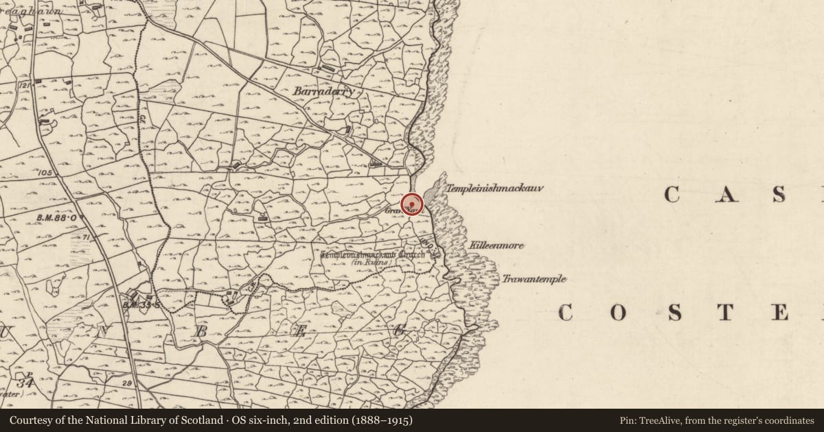 Ordnance Survey six-inch map, 2nd edition (1888–1915) covering the location of Burial ground, Barr An Doire, County Galway, with a pin at the register's coordinates