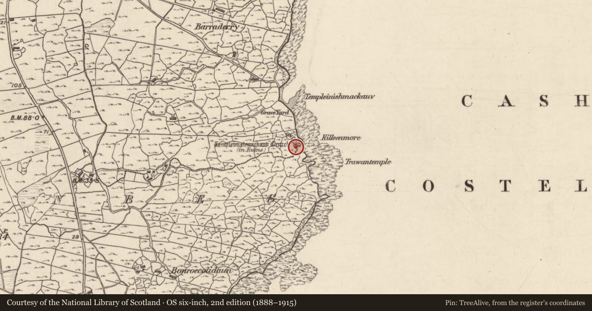 Ordnance Survey six-inch map, 2nd edition (1888–1915) covering the location of Church, An Caorán Beag, Barr An Doire, County Galway, with a pin at the register's coordinates