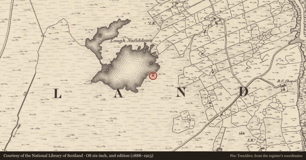 Ordnance Survey six-inch map, 2nd edition (1888–1915) covering the location of Ritual site - holy well, Tír An Fhia, County Galway, with a pin at the register's coordinates