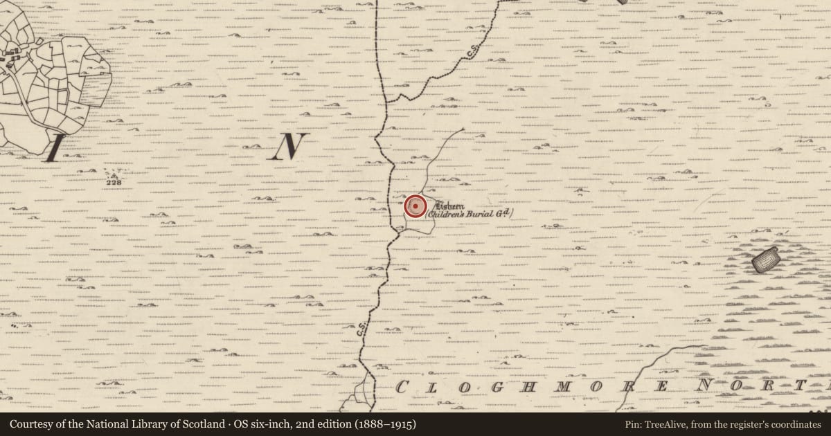 Ordnance Survey six-inch map, 2nd edition (1888–1915) covering the location of Children's burial ground, An Chloich Mhór Thuaidh, County Galway, with a pin at the register's coordinates