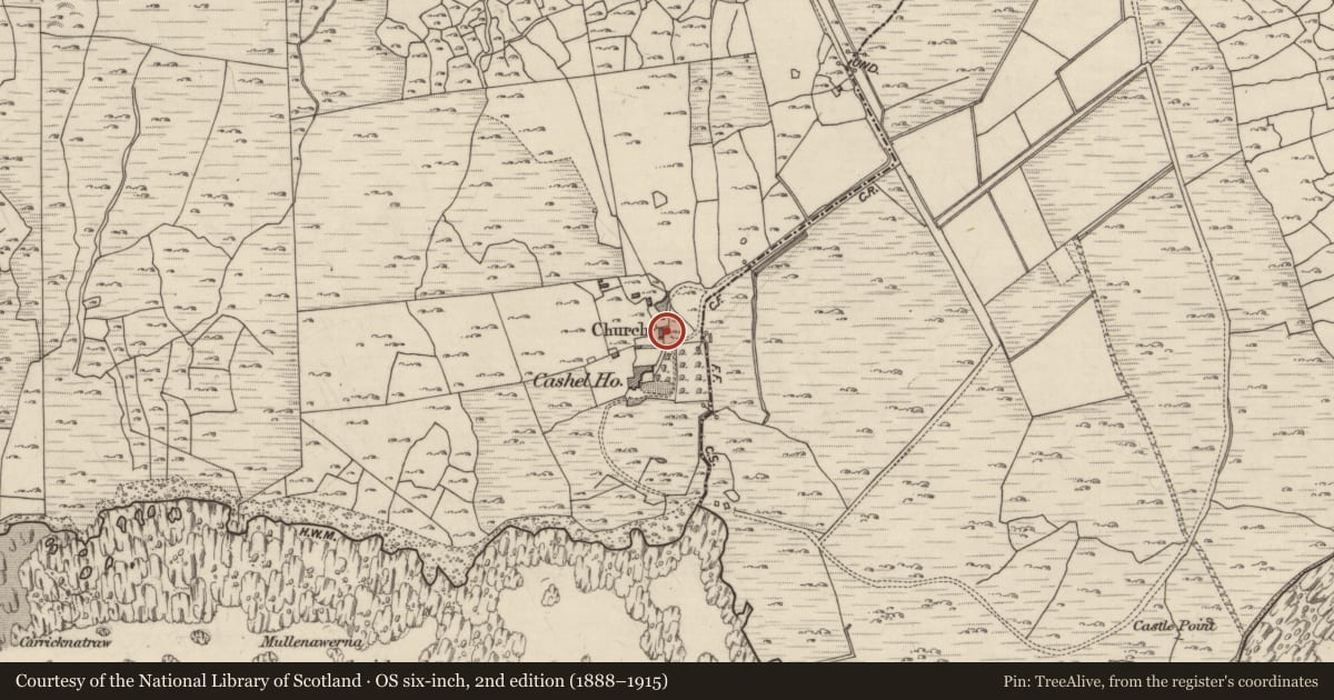 Ordnance Survey six-inch map, 2nd edition (1888–1915) covering the location of Church, Indreabhán, County Galway, with a pin at the register's coordinates