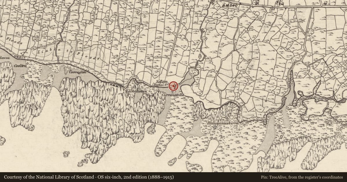 Ordnance Survey six-inch map, 2nd edition (1888–1915) covering the location of Burial ground, Coill Rua Thoir, County Galway, with a pin at the register's coordinates