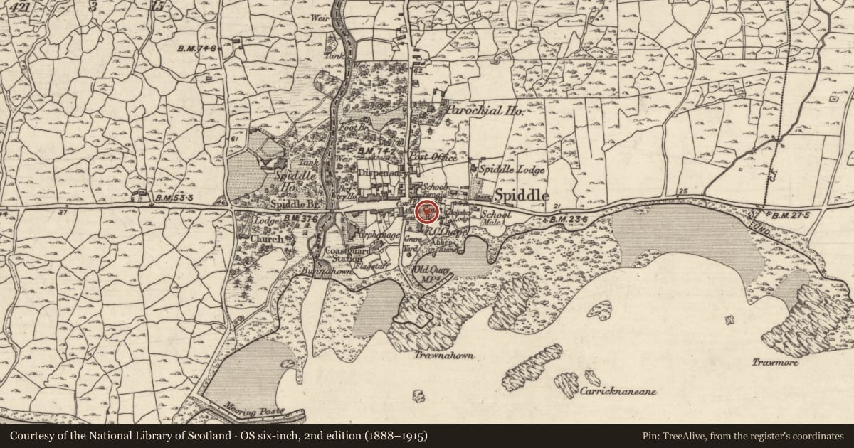 Ordnance Survey six-inch map, 2nd edition (1888–1915) covering the location of Church, An Spidéal Thiar, County Galway, with a pin at the register's coordinates