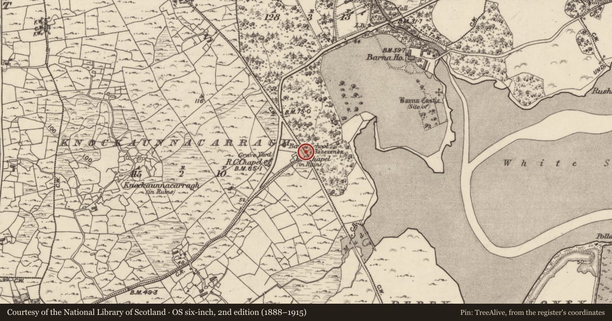 Ordnance Survey six-inch map, 2nd edition (1888–1915) covering the location of Ritual site - holy well, Bearna (Gaillimh), County Galway, with a pin at the register's coordinates