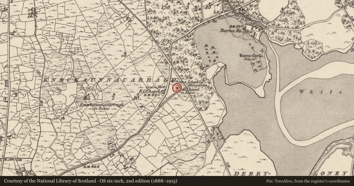 Ordnance Survey six-inch map, 2nd edition (1888–1915) covering the location of Church, An Cnocán Carrach, County Galway, with a pin at the register's coordinates