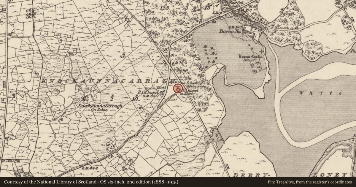 Ordnance Survey six-inch map, 2nd edition (1888–1915) covering the location of Graveyard, An Cnocán Carrach, County Galway, with a pin at the register's coordinates