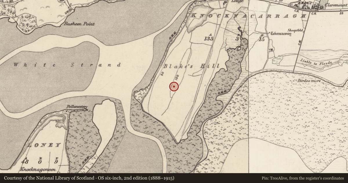 Ordnance Survey six-inch map, 2nd edition (1888–1915) covering the location of Hilltop enclosure, Knocknacarragh, County Galway, with a pin at the register's coordinates