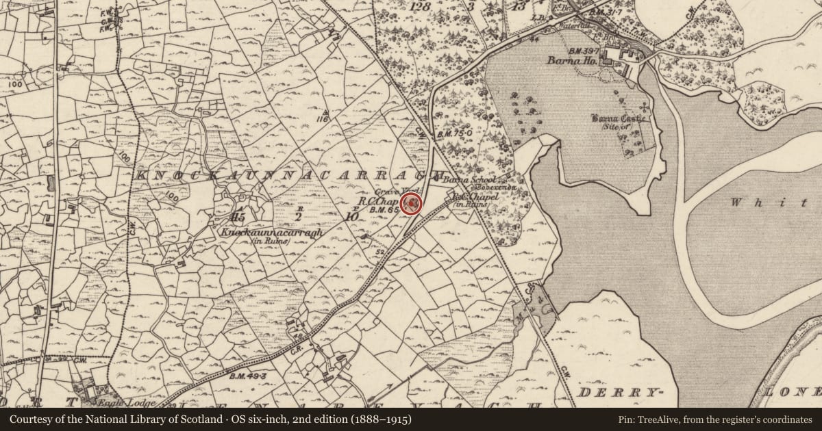 Ordnance Survey six-inch map, 2nd edition (1888–1915) covering the location of Church, An Cnocán Carrach, County Galway, with a pin at the register's coordinates