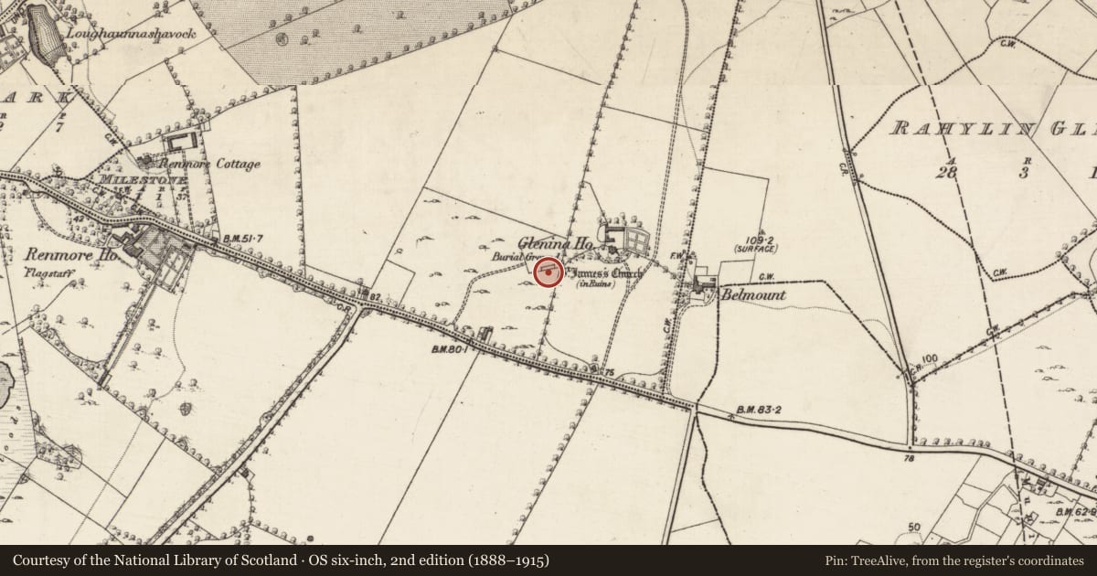 Ordnance Survey six-inch map, 2nd edition (1888–1915) covering the location of Church, Ballybaan Beg, County Galway, with a pin at the register's coordinates