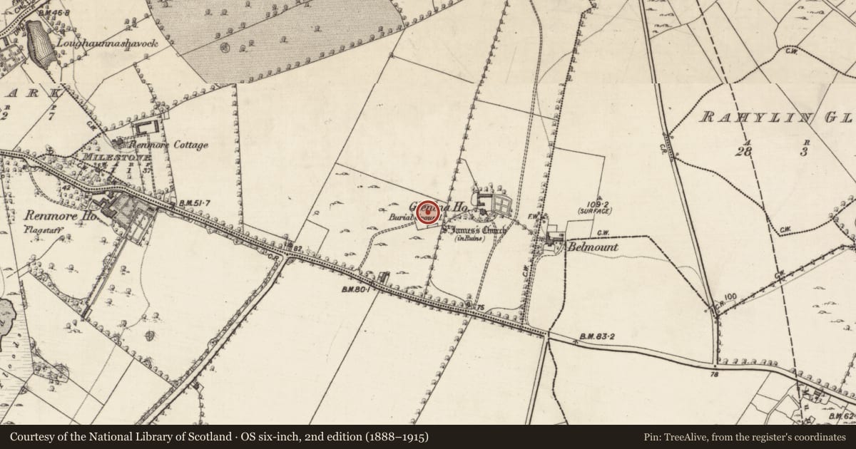Ordnance Survey six-inch map, 2nd edition (1888–1915) covering the location of Graveyard, Ballybaan Beg, County Galway, with a pin at the register's coordinates