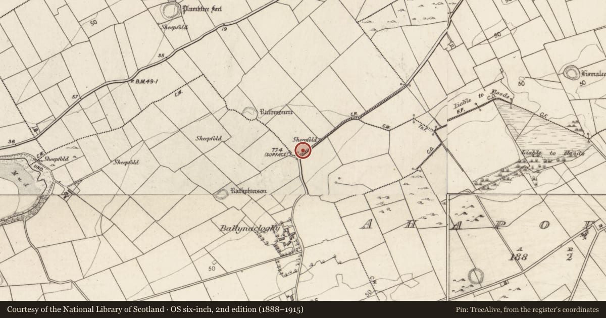 Ordnance Survey six-inch map, 2nd edition (1888–1915) covering the location of Ringfort - rath, Ballynacloghy, Prospecthill, County Galway, with a pin at the register's coordinates