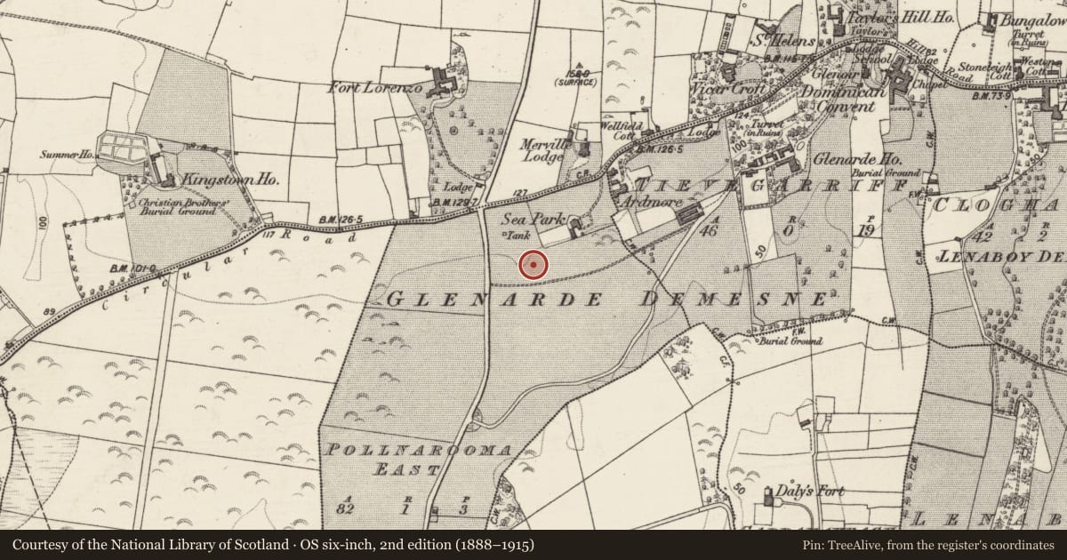 Ordnance Survey six-inch map, 2nd edition (1888–1915) covering the location of Stone circle, Pollnarooma East, County Galway, with a pin at the register's coordinates