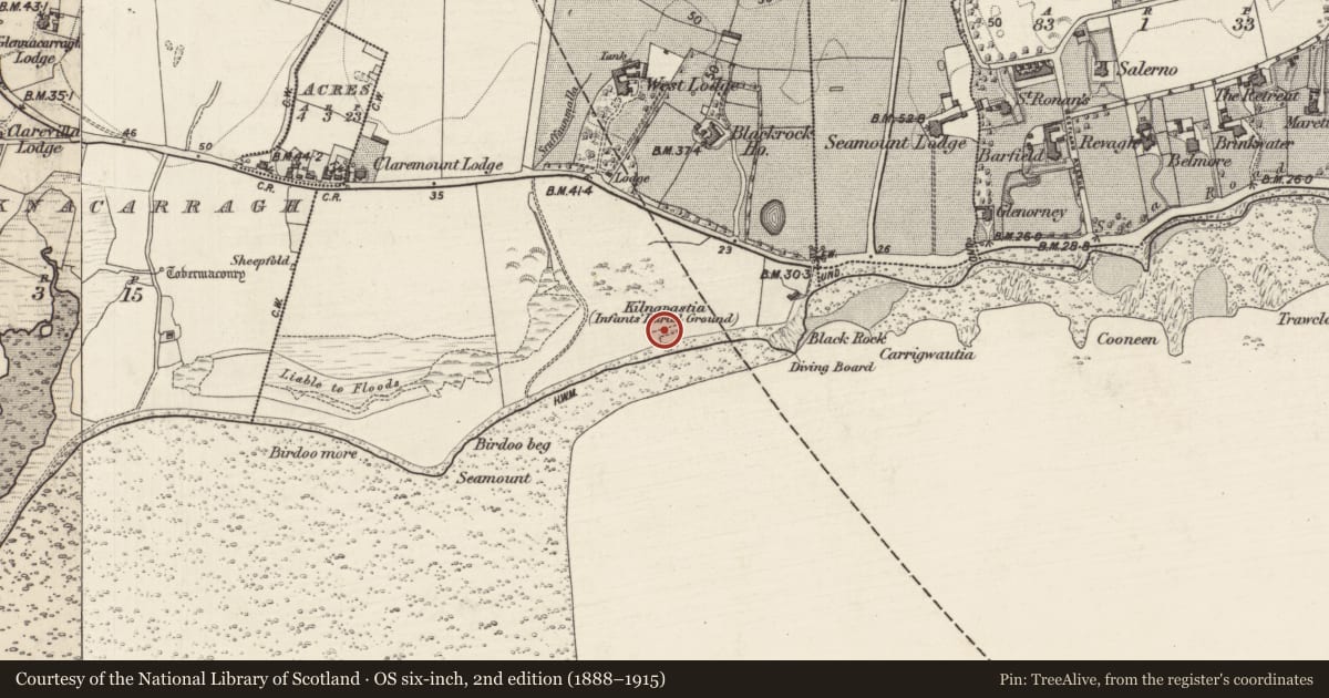 Ordnance Survey six-inch map, 2nd edition (1888–1915) covering the location of Children's burial ground, Pollnarooma West, County Galway, with a pin at the register's coordinates