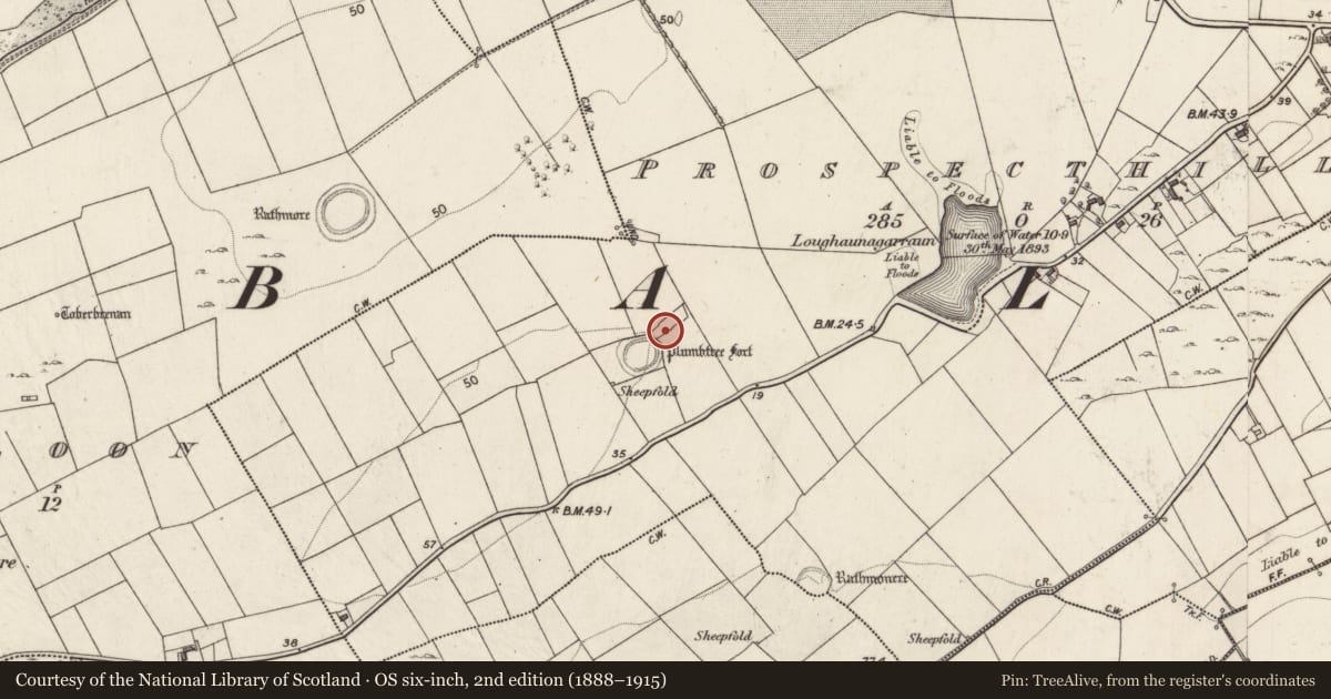 Ordnance Survey six-inch map, 2nd edition (1888–1915) covering the location of Enclosure, Prospecthill, County Galway, with a pin at the register's coordinates