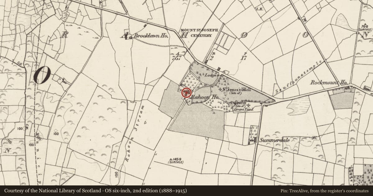 Ordnance Survey six-inch map, 2nd edition (1888–1915) covering the location of House - indeterminate date, Rahoon, County Galway, with a pin at the register's coordinates