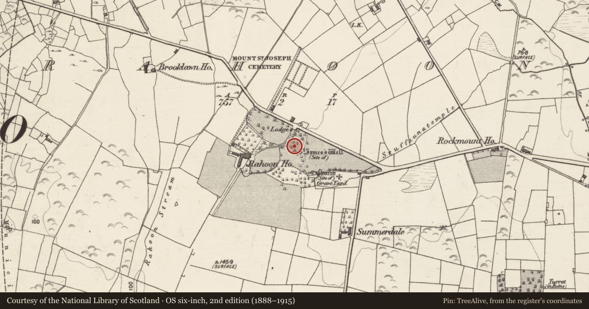 Ordnance Survey six-inch map, 2nd edition (1888–1915) covering the location of Ritual site - holy well, Rahoon, County Galway, with a pin at the register's coordinates