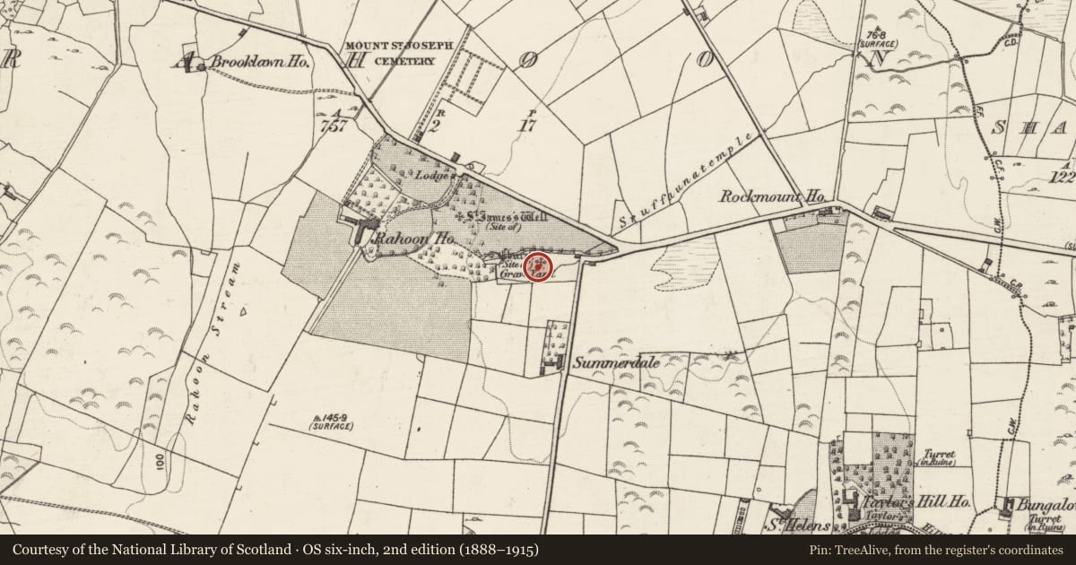 Ordnance Survey six-inch map, 2nd edition (1888–1915) covering the location of Ecclesiastical enclosure, Rahoon, County Galway, with a pin at the register's coordinates