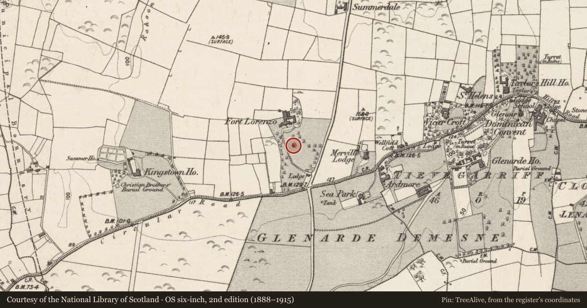 Ordnance Survey six-inch map, 2nd edition (1888–1915) covering the location of Designed landscape feature, Rahoon, County Galway, with a pin at the register's coordinates