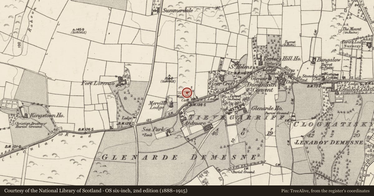 Ordnance Survey six-inch map, 2nd edition (1888–1915) covering the location of Watchtower, Rahoon, County Galway, with a pin at the register's coordinates