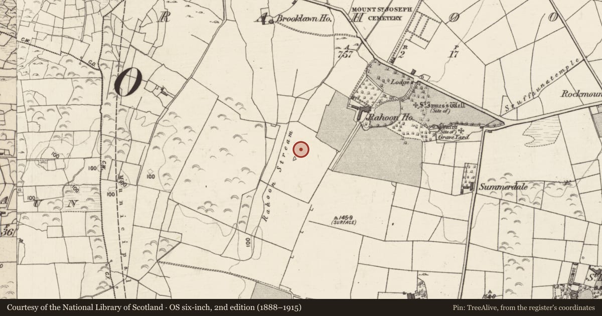 Ordnance Survey six-inch map, 2nd edition (1888–1915) covering the location of Designed landscape feature, Rahoon, County Galway, with a pin at the register's coordinates