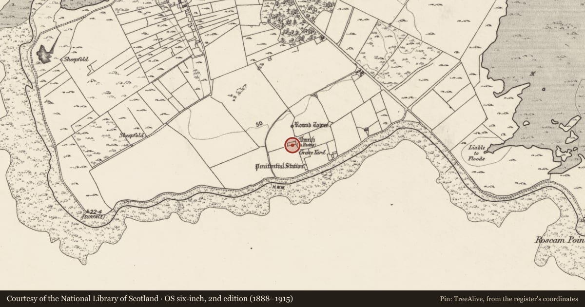 Ordnance Survey six-inch map, 2nd edition (1888–1915) covering the location of Church, Roscam, County Galway, with a pin at the register's coordinates