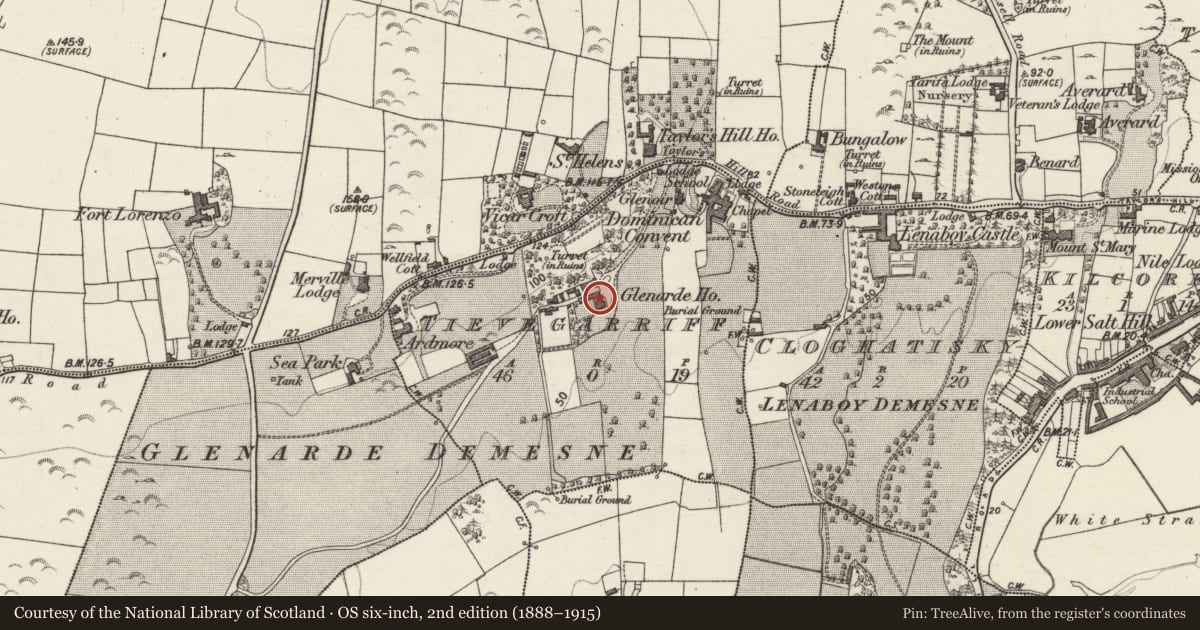 Ordnance Survey six-inch map, 2nd edition (1888–1915) covering the location of House - 18th/19th century, Tievegarriff, County Galway, with a pin at the register's coordinates