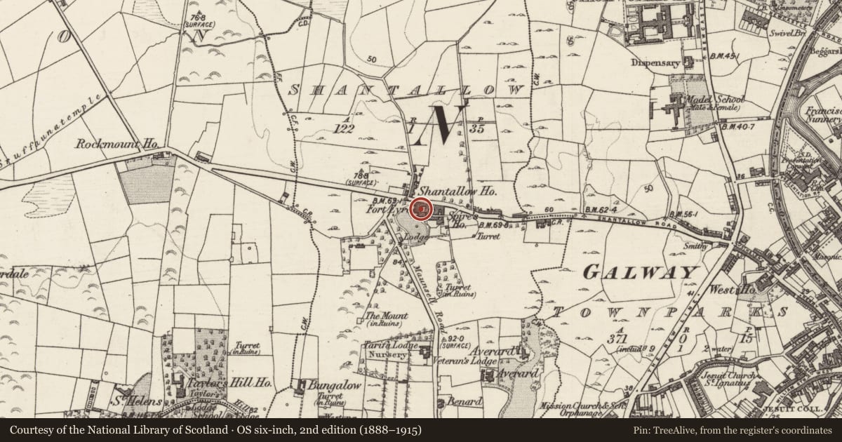 Ordnance Survey six-inch map, 2nd edition (1888–1915) covering the location of House - 18th/19th century, Shantallow, County Galway, with a pin at the register's coordinates