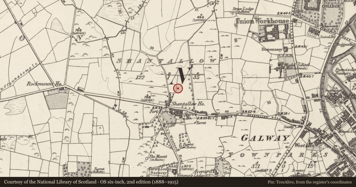 Ordnance Survey six-inch map, 2nd edition (1888–1915) covering the location of Earthwork, Shantallow, County Galway, with a pin at the register's coordinates