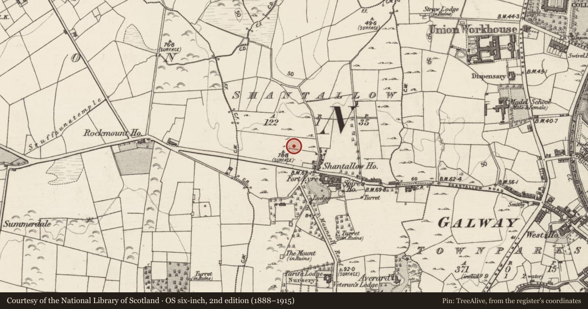 Ordnance Survey six-inch map, 2nd edition (1888–1915) covering the location of Earthwork, Shantallow, County Galway, with a pin at the register's coordinates