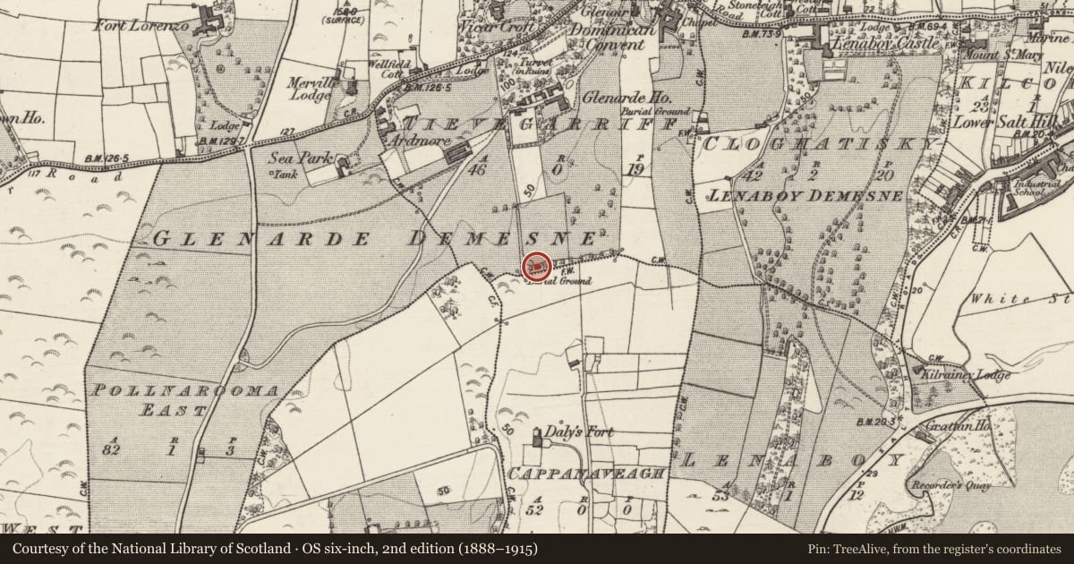 Ordnance Survey six-inch map, 2nd edition (1888–1915) covering the location of Burial ground, Tievegarriff, County Galway, with a pin at the register's coordinates