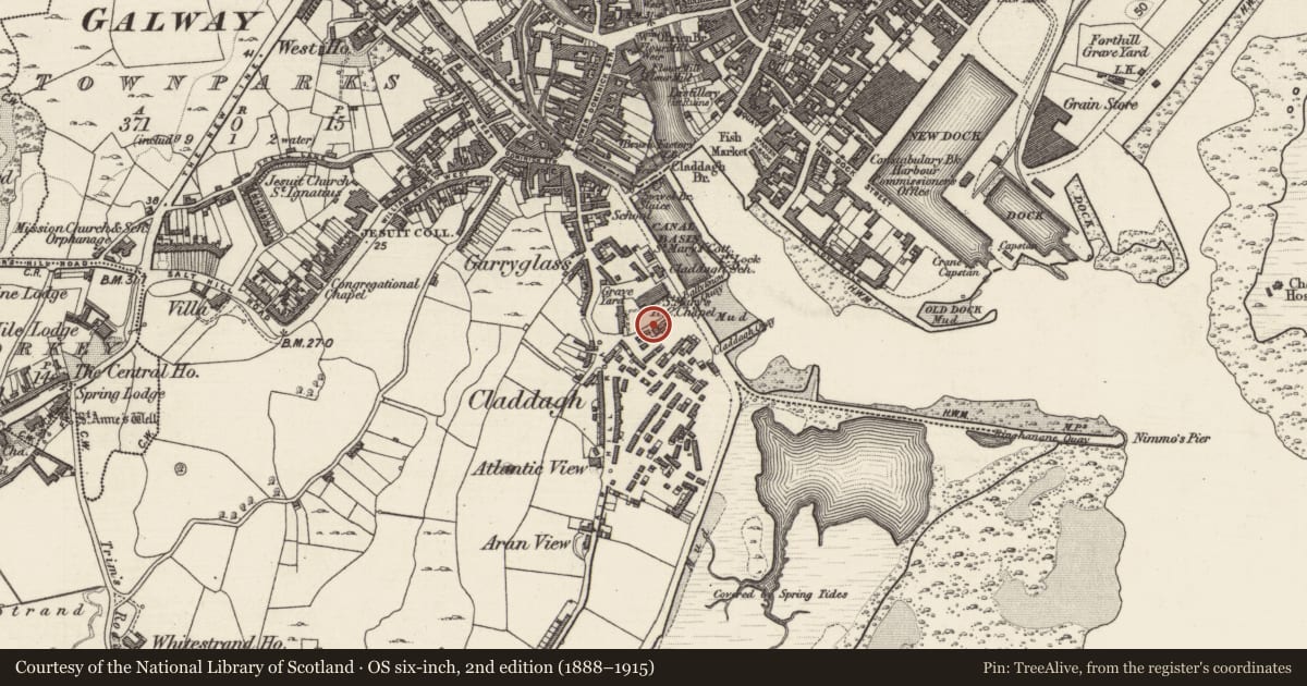 Ordnance Survey six-inch map, 2nd edition (1888–1915) covering the location of Religious house - Dominican friars, Townparks (Galway By., Rahoon Par.), County Galway, with a pin at the register's coordinates