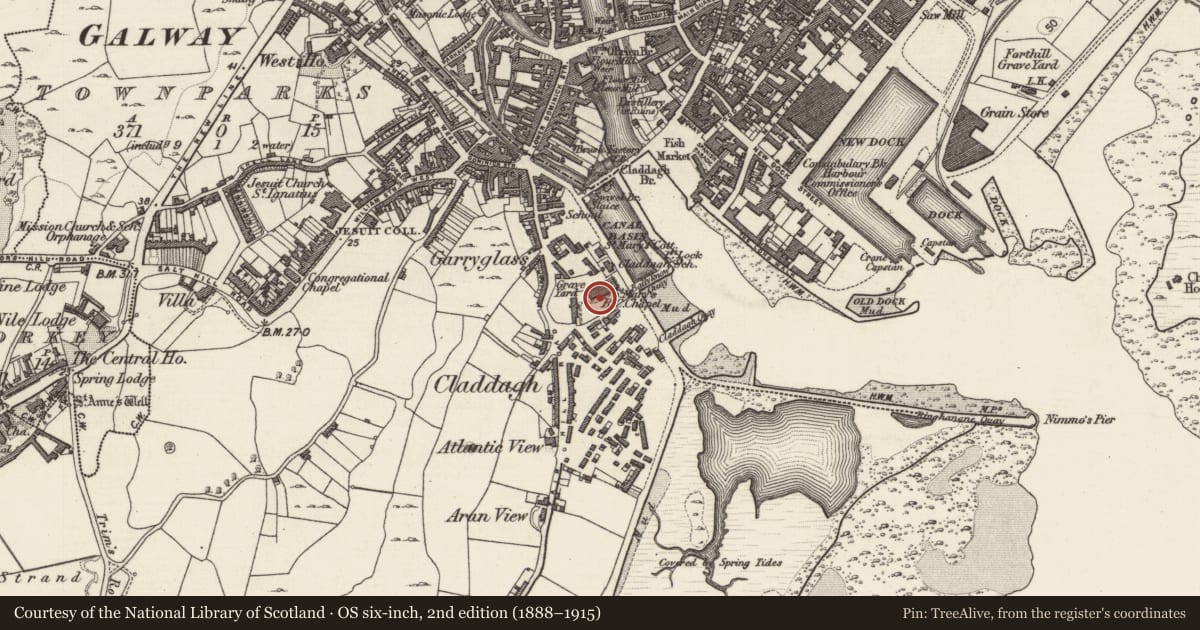 Ordnance Survey six-inch map, 2nd edition (1888–1915) covering the location of Chapel, Townparks (Galway By., Rahoon Par.), County Galway, with a pin at the register's coordinates