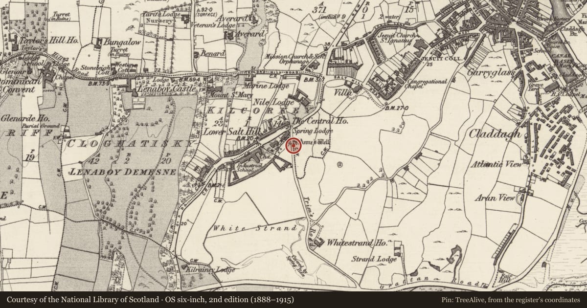 Ordnance Survey six-inch map, 2nd edition (1888–1915) covering the location of Ritual site - holy well, Kilcorkey, County Galway, with a pin at the register's coordinates