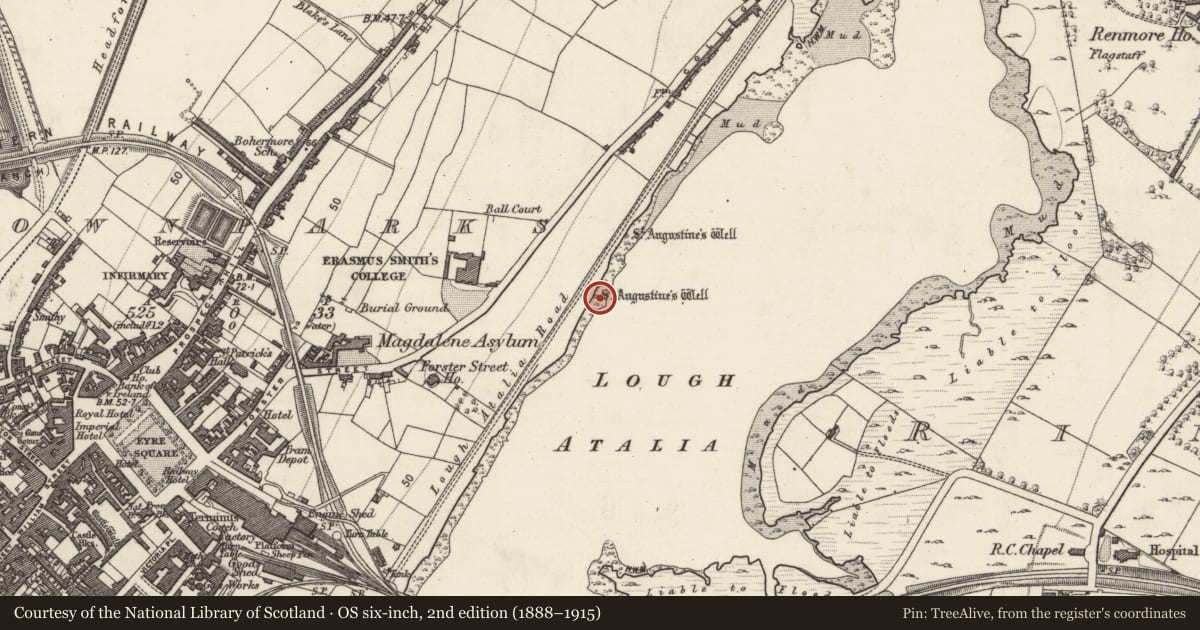 Ordnance Survey six-inch map, 2nd edition (1888–1915) covering the location of Ritual site - holy well, Townparks (Galway By., St. Nicholas Par.), County Galway, with a pin at the register's coordinates