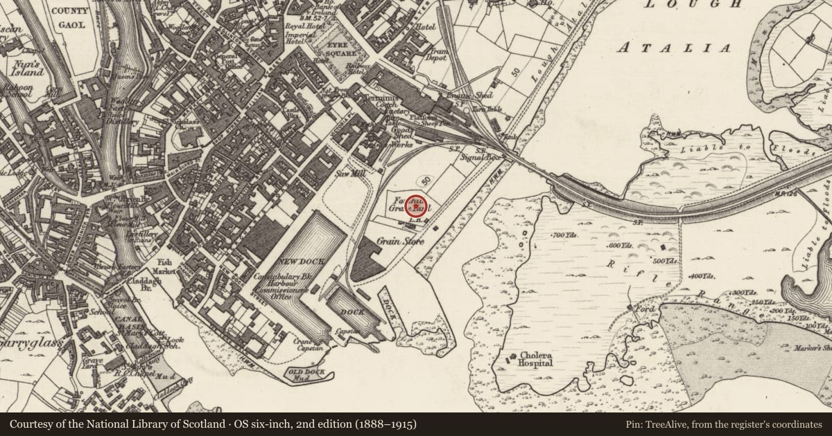 Ordnance Survey six-inch map, 2nd edition (1888–1915) covering the location of Bastioned fort, Townparks (Galway By., St. Nicholas Par.), County Galway, with a pin at the register's coordinates