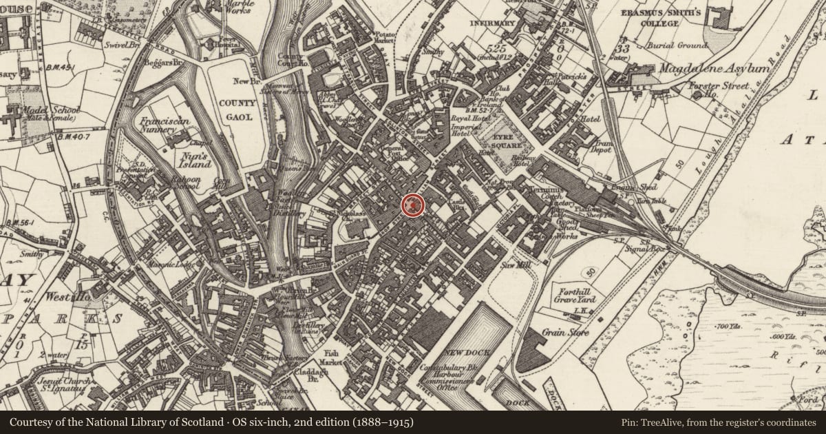 Ordnance Survey six-inch map, 2nd edition (1888–1915) covering the location of Historic town, Townparks (Galway By., St. Nicholas Par.), County Galway, with a pin at the register's coordinates