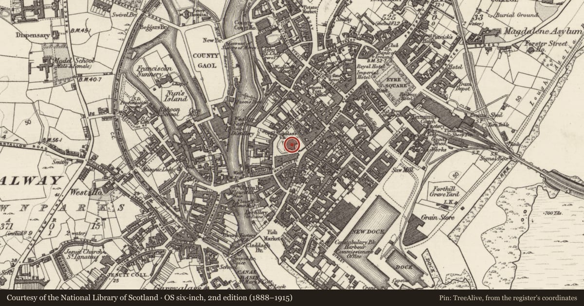 Ordnance Survey six-inch map, 2nd edition (1888–1915) covering the location of Church, Townparks (Galway By., St. Nicholas Par.), County Galway, with a pin at the register's coordinates