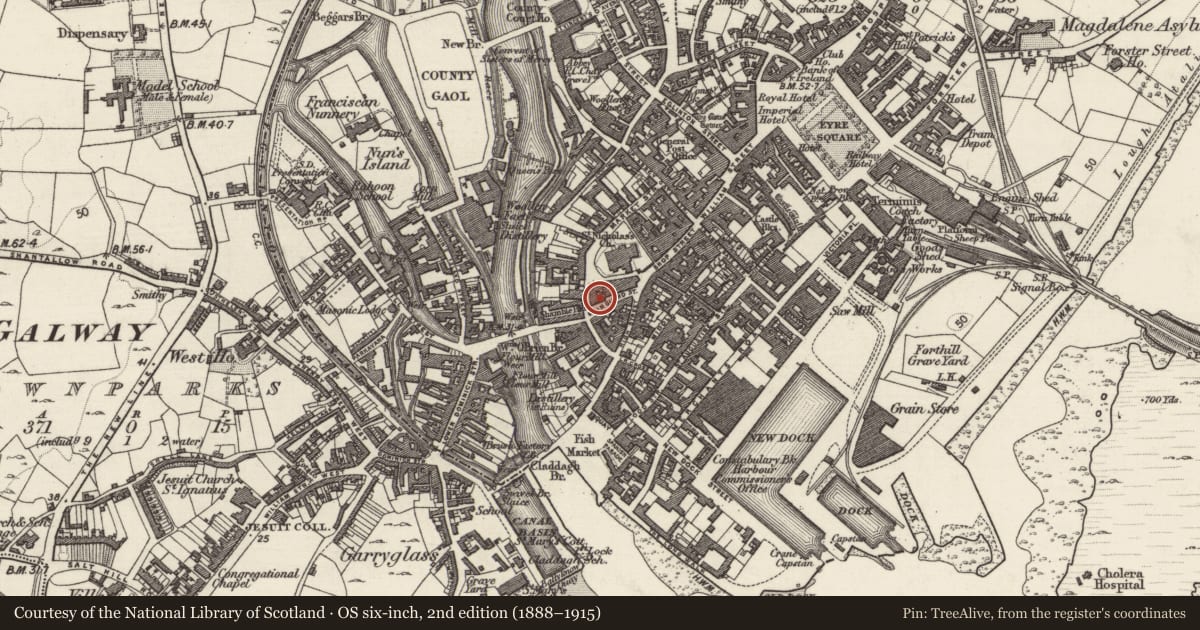 Ordnance Survey six-inch map, 2nd edition (1888–1915) covering the location of Town hall, Townparks (Galway By., St. Nicholas Par.), County Galway, with a pin at the register's coordinates