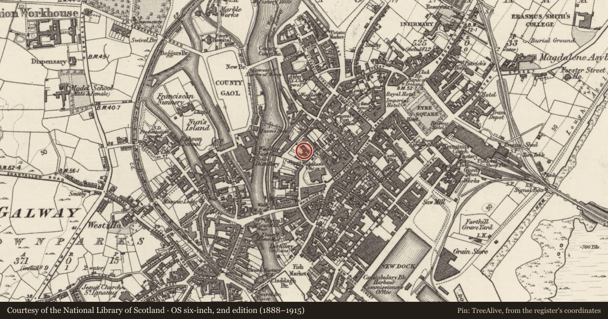 Ordnance Survey six-inch map, 2nd edition (1888–1915) covering the location of Castle - tower house, Townparks (Galway By., St. Nicholas Par.), County Galway, with a pin at the register's coordinates