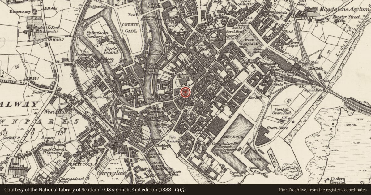 Ordnance Survey six-inch map, 2nd edition (1888–1915) covering the location of Cross - Market cross, Townparks (Galway By., St. Nicholas Par.), County Galway, with a pin at the register's coordinates