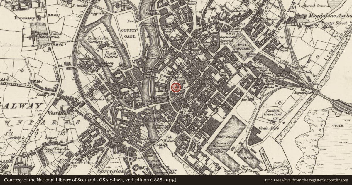 Ordnance Survey six-inch map, 2nd edition (1888–1915) covering the location of Cross, Townparks (Galway By., St. Nicholas Par.), County Galway, with a pin at the register's coordinates