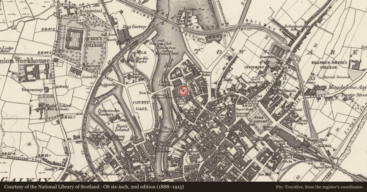 Ordnance Survey six-inch map, 2nd edition (1888–1915) covering the location of Religious house - Franciscan friars, Townparks (Galway By., St. Nicholas Par.), County Galway, with a pin at the register's coordinates
