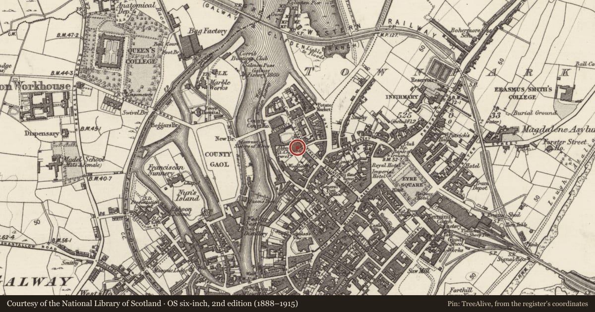 Ordnance Survey six-inch map, 2nd edition (1888–1915) covering the location of Church, Townparks (Galway By., St. Nicholas Par.), County Galway, with a pin at the register's coordinates