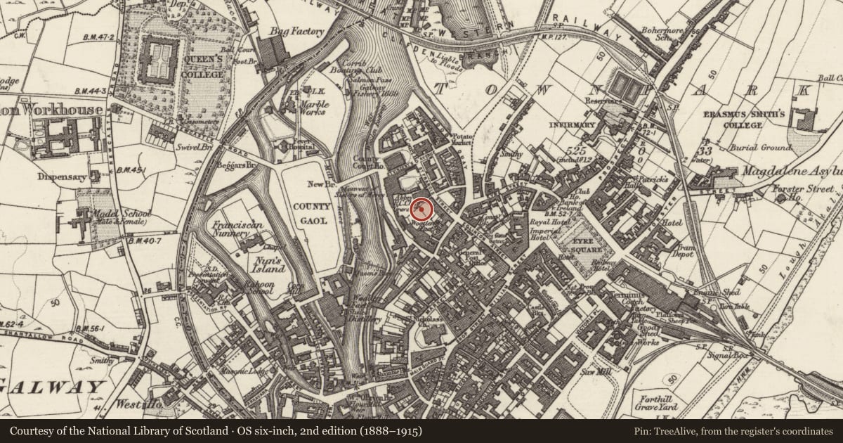 Ordnance Survey six-inch map, 2nd edition (1888–1915) covering the location of Wall monument, Townparks (Galway By., St. Nicholas Par.), County Galway, with a pin at the register's coordinates