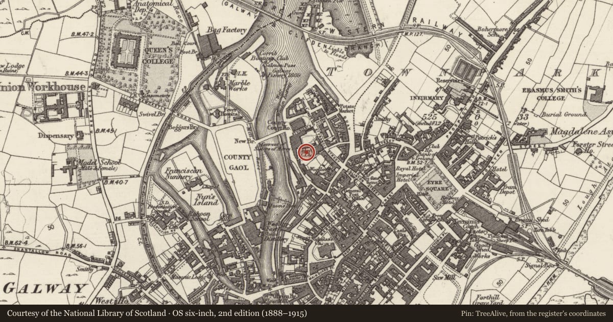 Ordnance Survey six-inch map, 2nd edition (1888–1915) covering the location of Tomb - unclassified, Townparks (Galway By., St. Nicholas Par.), County Galway, with a pin at the register's coordinates
