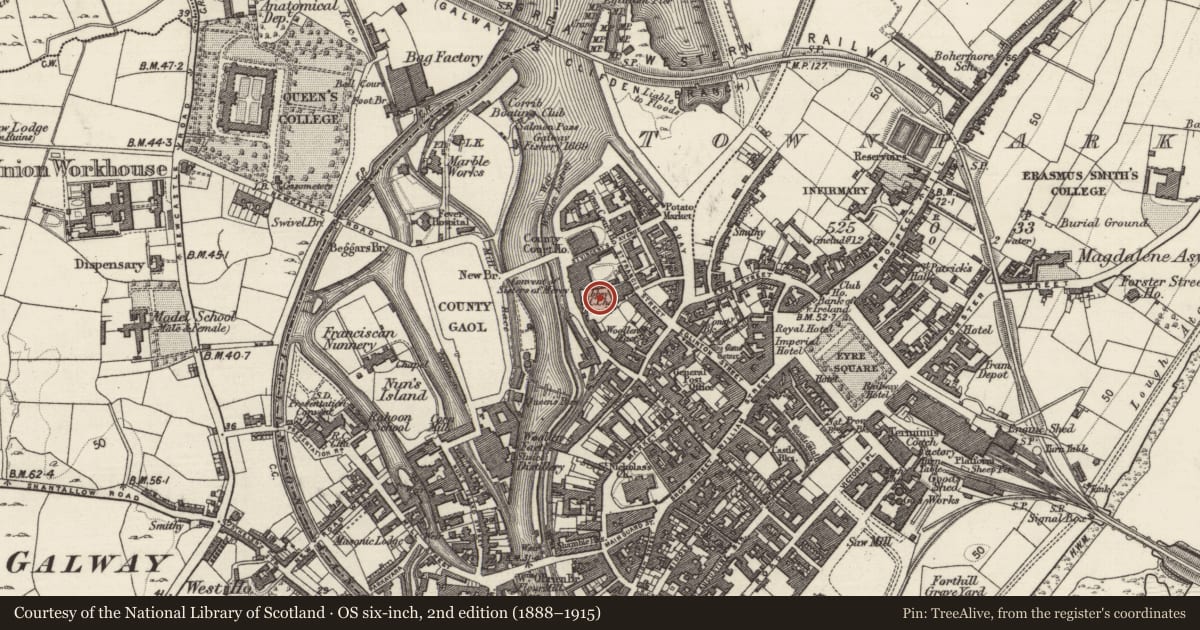 Ordnance Survey six-inch map, 2nd edition (1888–1915) covering the location of Tomb - unclassified, Townparks (Galway By., St. Nicholas Par.), County Galway, with a pin at the register's coordinates